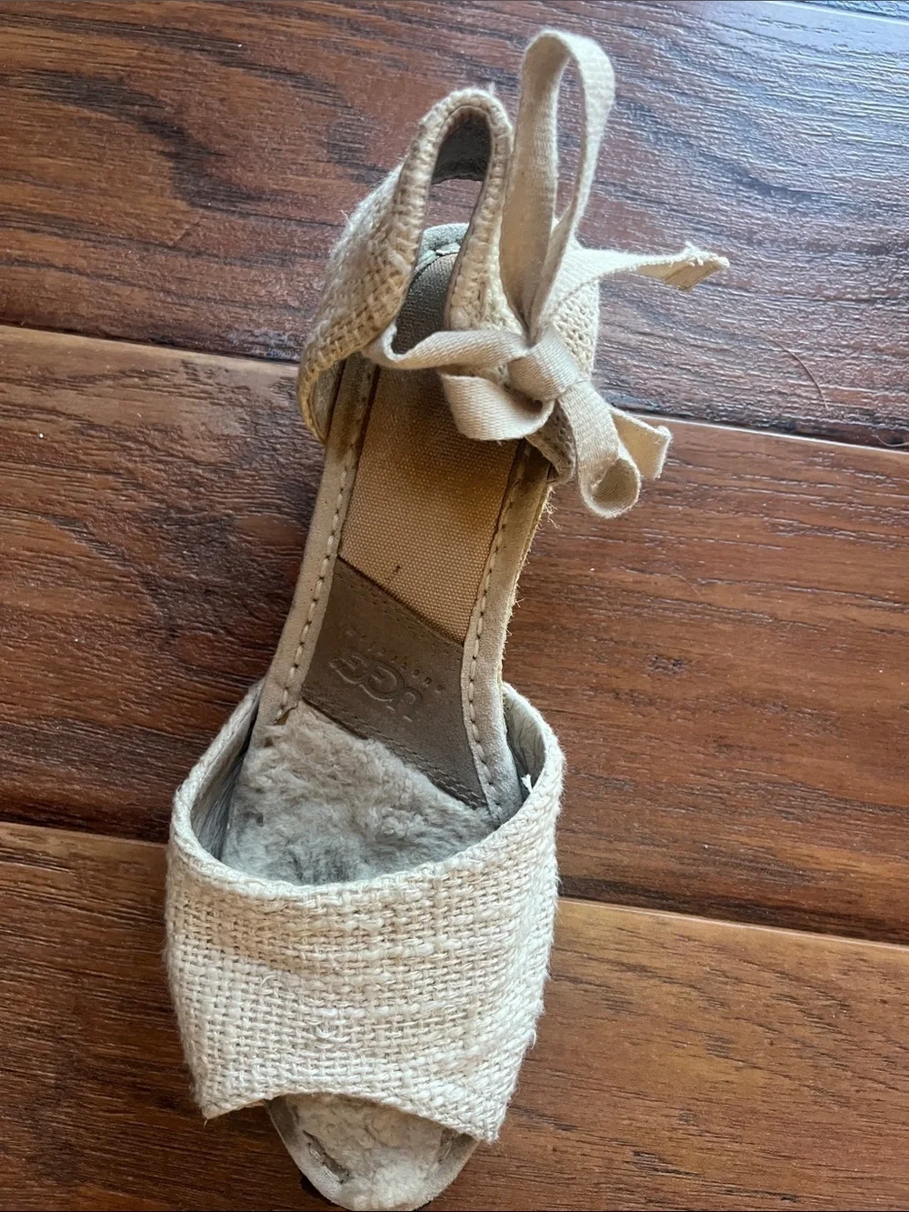 UGG Beige Espadrille Wedge Sandals with Ankle Ties